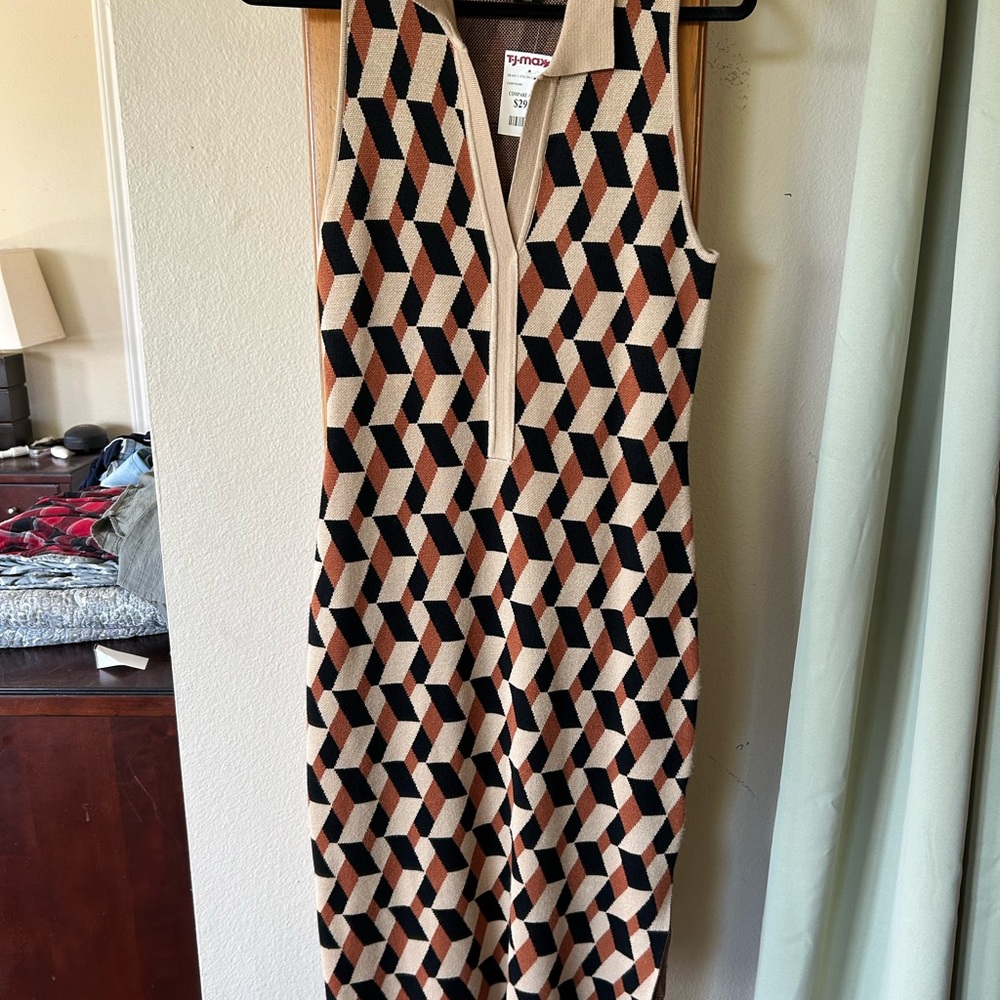 House of Harlow 1960 Geometric Midi Dress in Black, Tan, and Cream